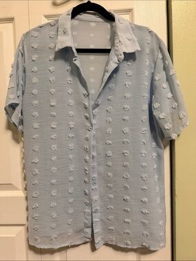 Light Blue Textured Short-Sleeve Button-Up Shirt